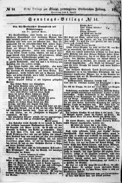 Titelblatt Vossischen Zeitung vom 8. April 1866, Staatsbibliothek Berlin ZEFYS