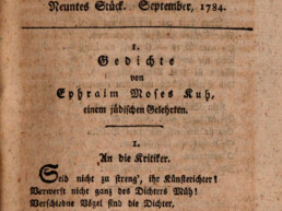 Buchseite (Ausschnitt) »1. Gedichte von Ephraim Moses Kuh«, in: Deustches Museum, 1784, gemeinfrei