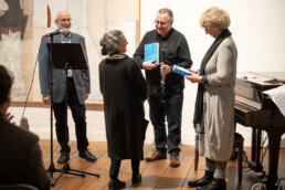 15. Soirée der Ephraim Veitel Stiftung am 28. Oktober 2025, Camaro Stiftung, Prof. Dr. Karl E. Grözinger, Beatrice Magnus-Wiebel, Markus Emanuel Zaja und Prof. Dr. Kerstin Schoor (v.l.n.r.)